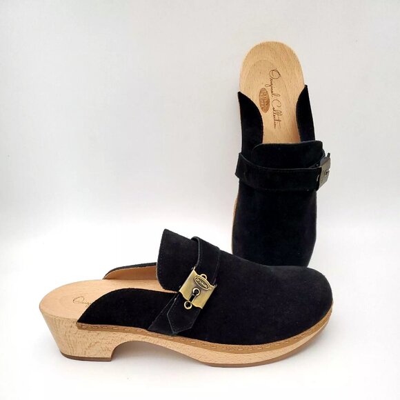 Dr. Scholl's OG Clogs Mules Black Suede Wood Shoes Made in Italy Women's Size 9 - Picture 1 of 12
